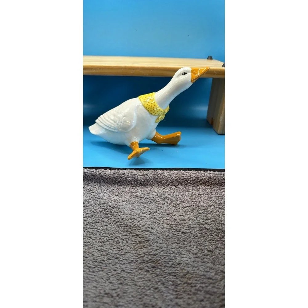 Vintage Glossy White Ceramic goose Figurine Yellow Accents Animal wall Decor